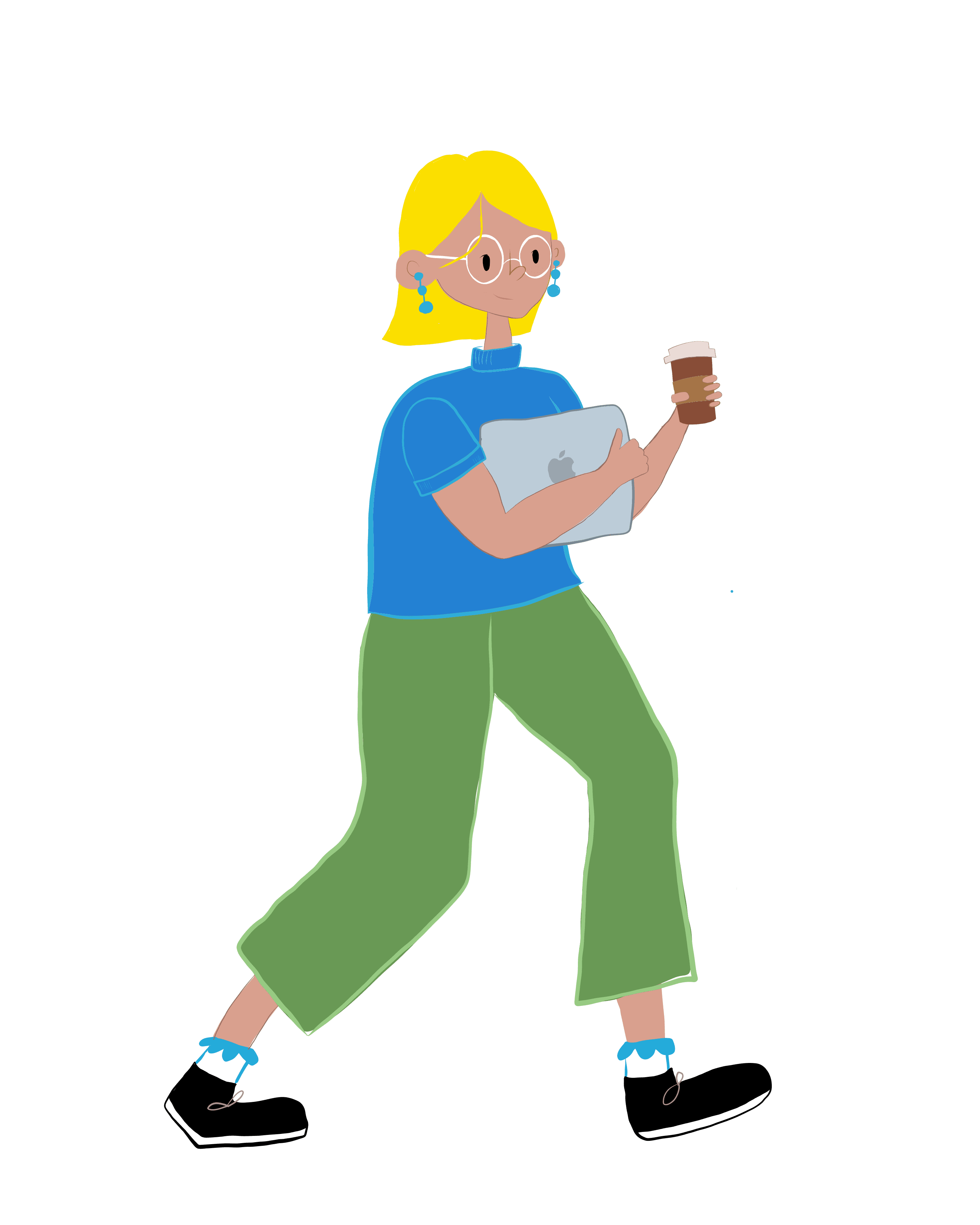 Cartoon of Victoria holding MacBook and coffee